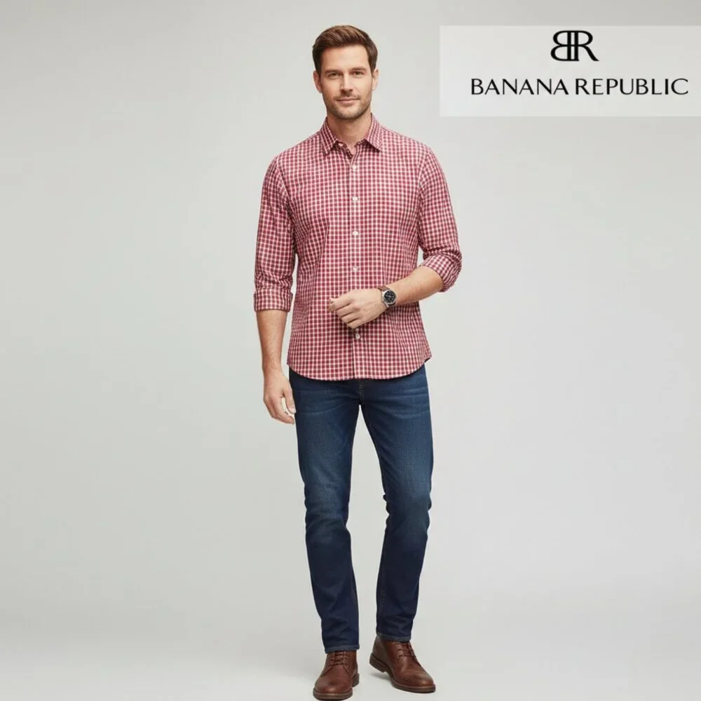 Banana Republic Men M Slim Fit Red Gingham Check LS Button Down Dress Shirt